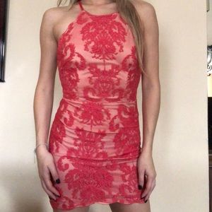 Red fitted, backless dress